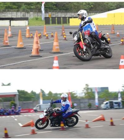 Foto : Salah satu teknik menikung yang direkomendasikan oleh Instruktur Safety Riding Honda, Christofer Valentino "Lean with Bike" - (r/wati sgn)